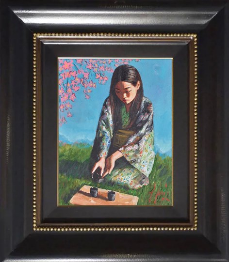 Geisha With Pink Flowers by Fabian Perez - Framed Original Painting on Stretched Canvas